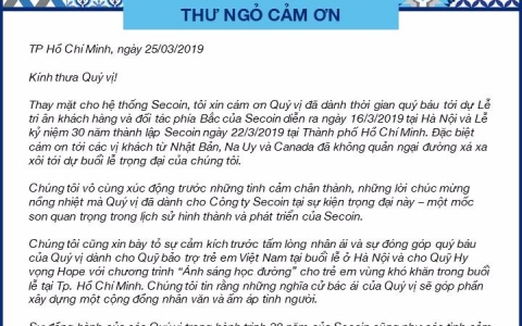 Secoin - Thư ngỏ cảm ơn của Chủ tịch sau lễ Kỷ niệm 30 năm